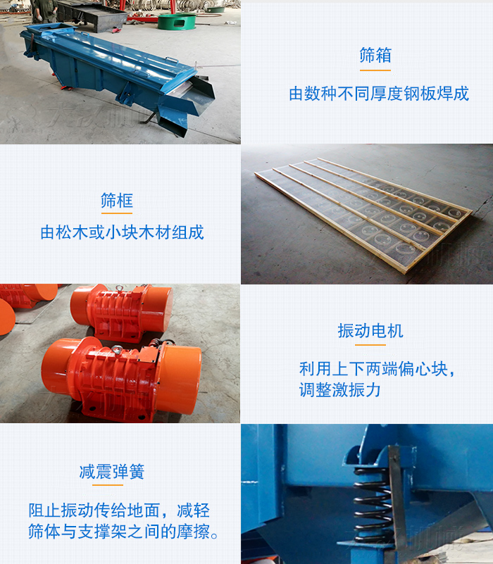 小型直線篩篩箱，篩框，振動電機，彈簧等部件圖片展示